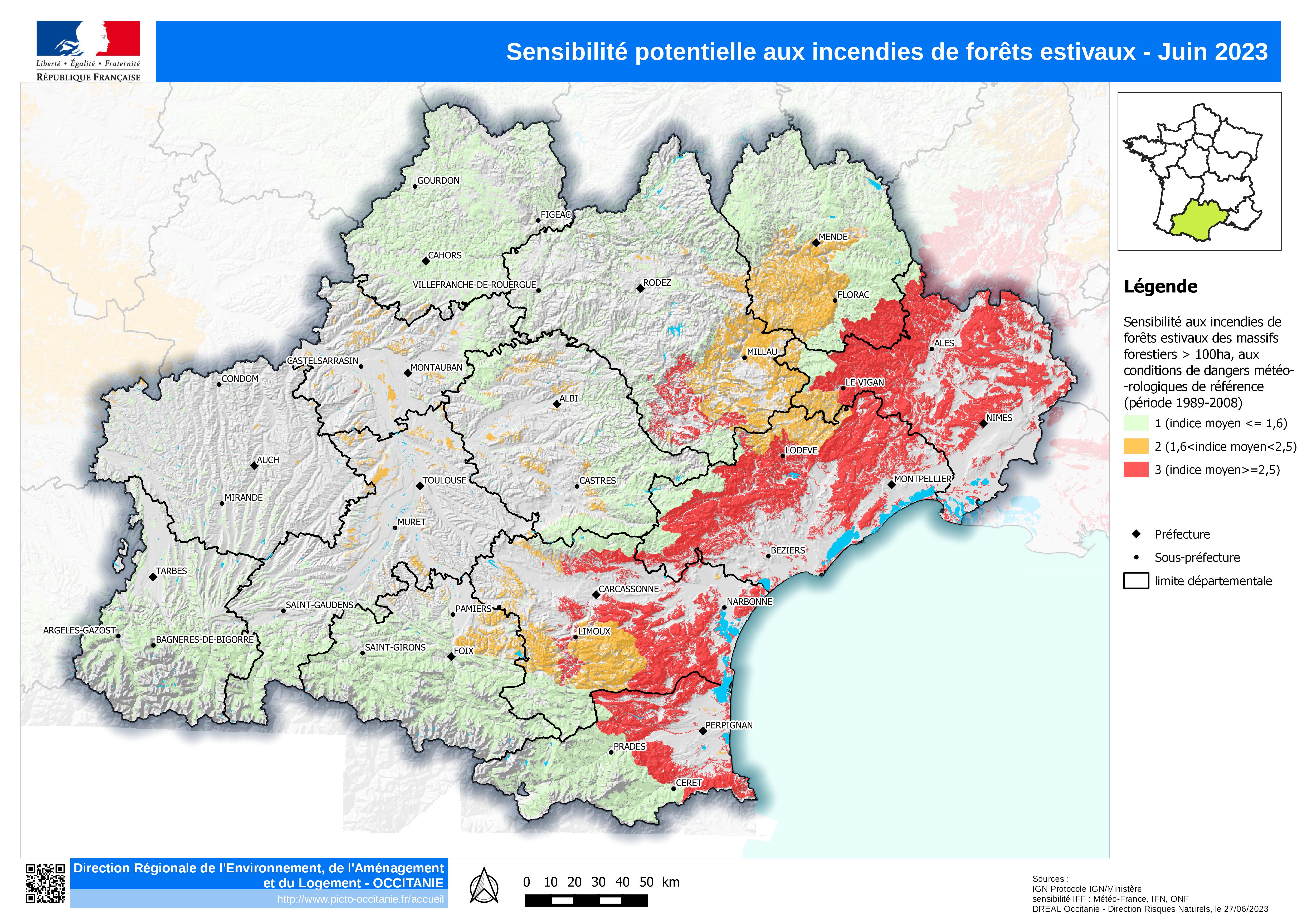 Sensibilité potentielle aux incendies de forêts estivaux - juin 2023
