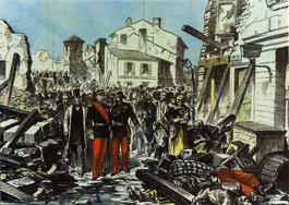 Archives municipales côte 9Fi3662 - Le Président de Mac Mahon visitant Toulouse après l'inondation de 1875 - Dessin représentant la scène