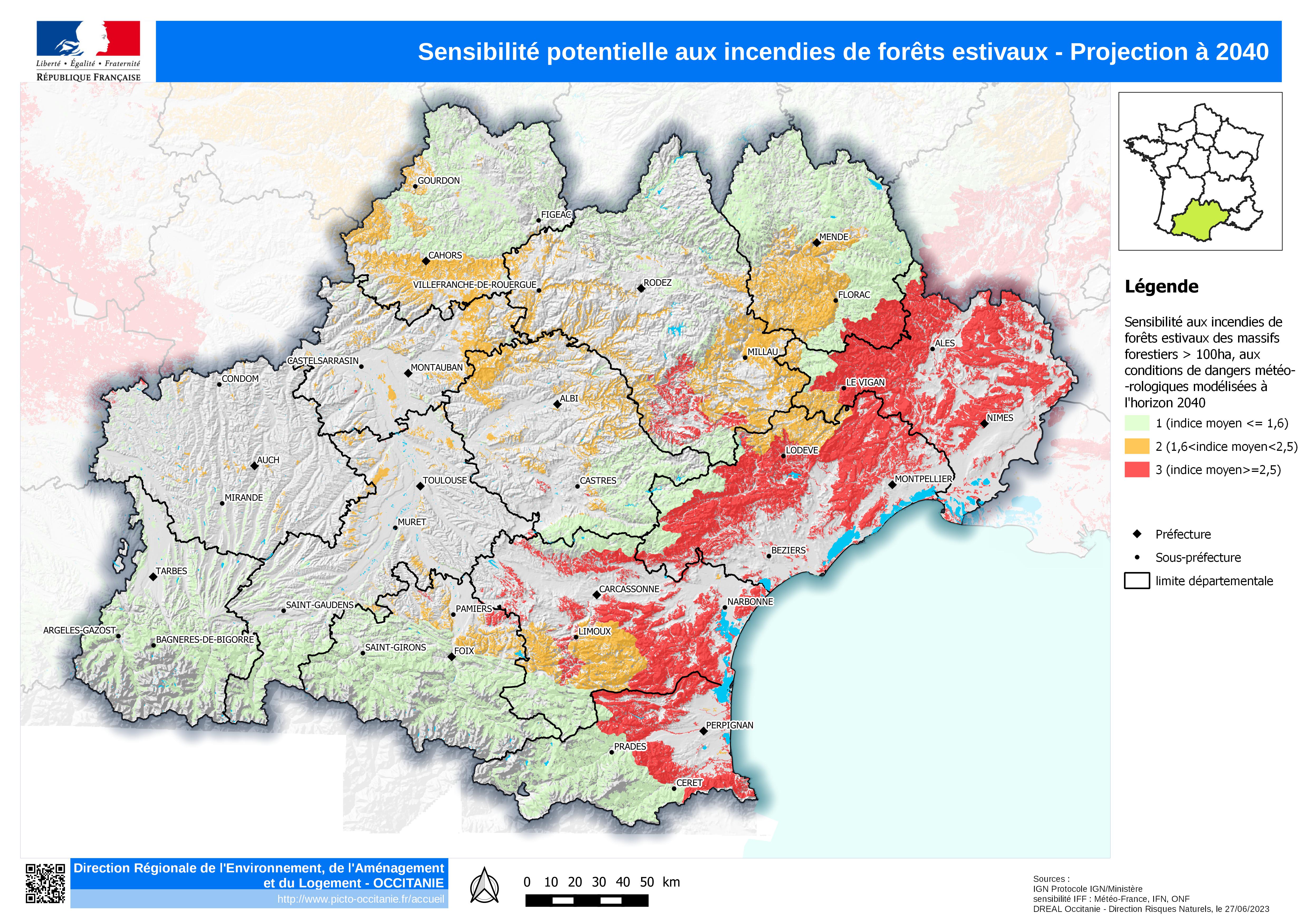 Sensibilité potentielle aux incendies de forêts estivaux - projection 2040