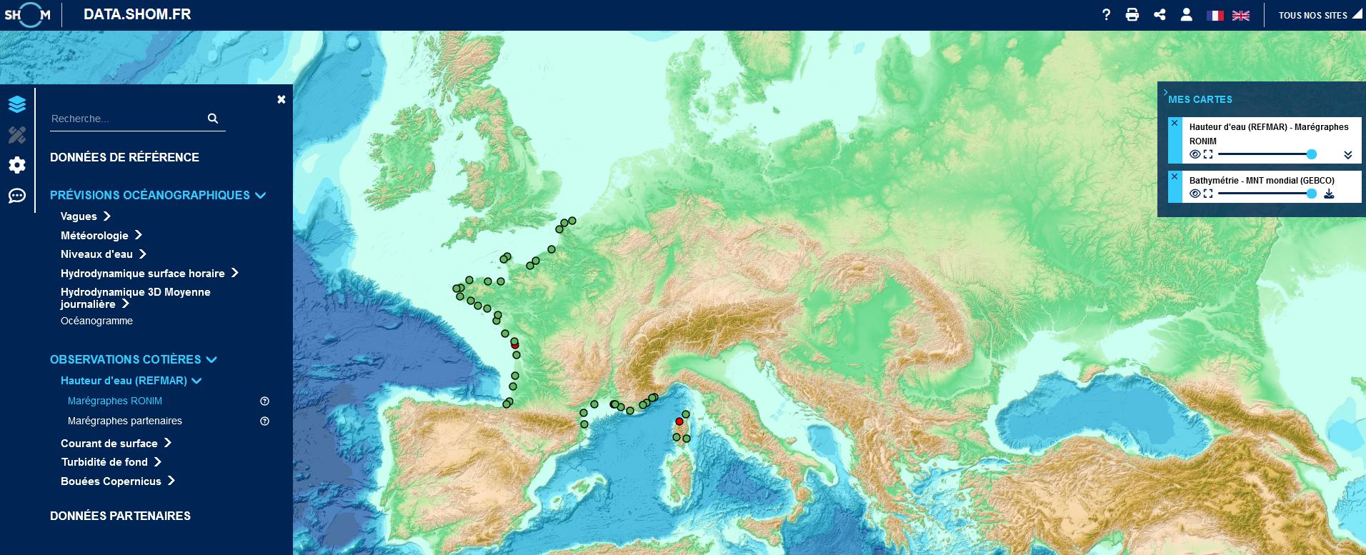 Capture d'écran de la carte d'implantation des marégraphes (site DATA SHOM)