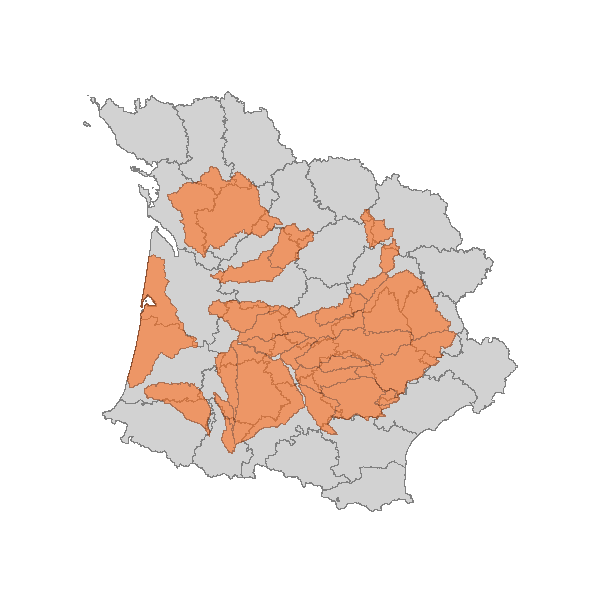 Carte des zones sensibles à la pollution, bassin Adour-Garonne